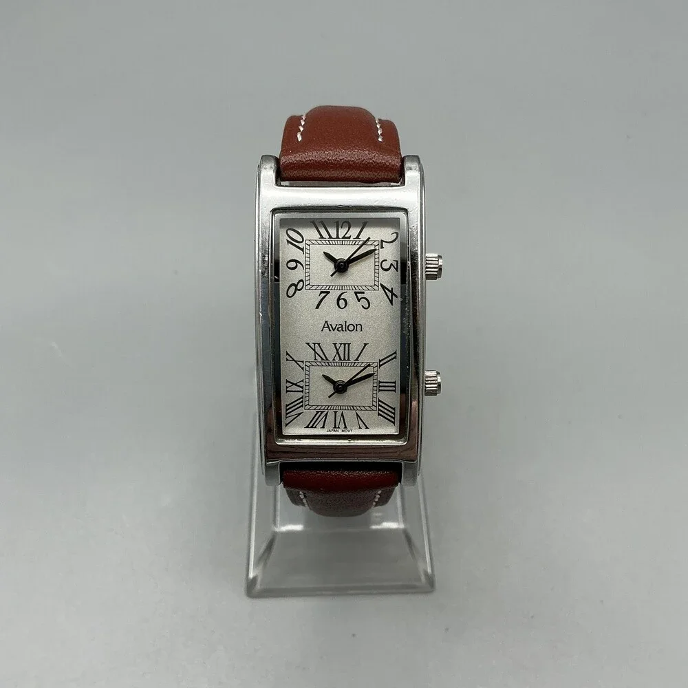 Avalon Dual Time Womens Watch 23mm Silver Dial Brown Leather Strap New Battery